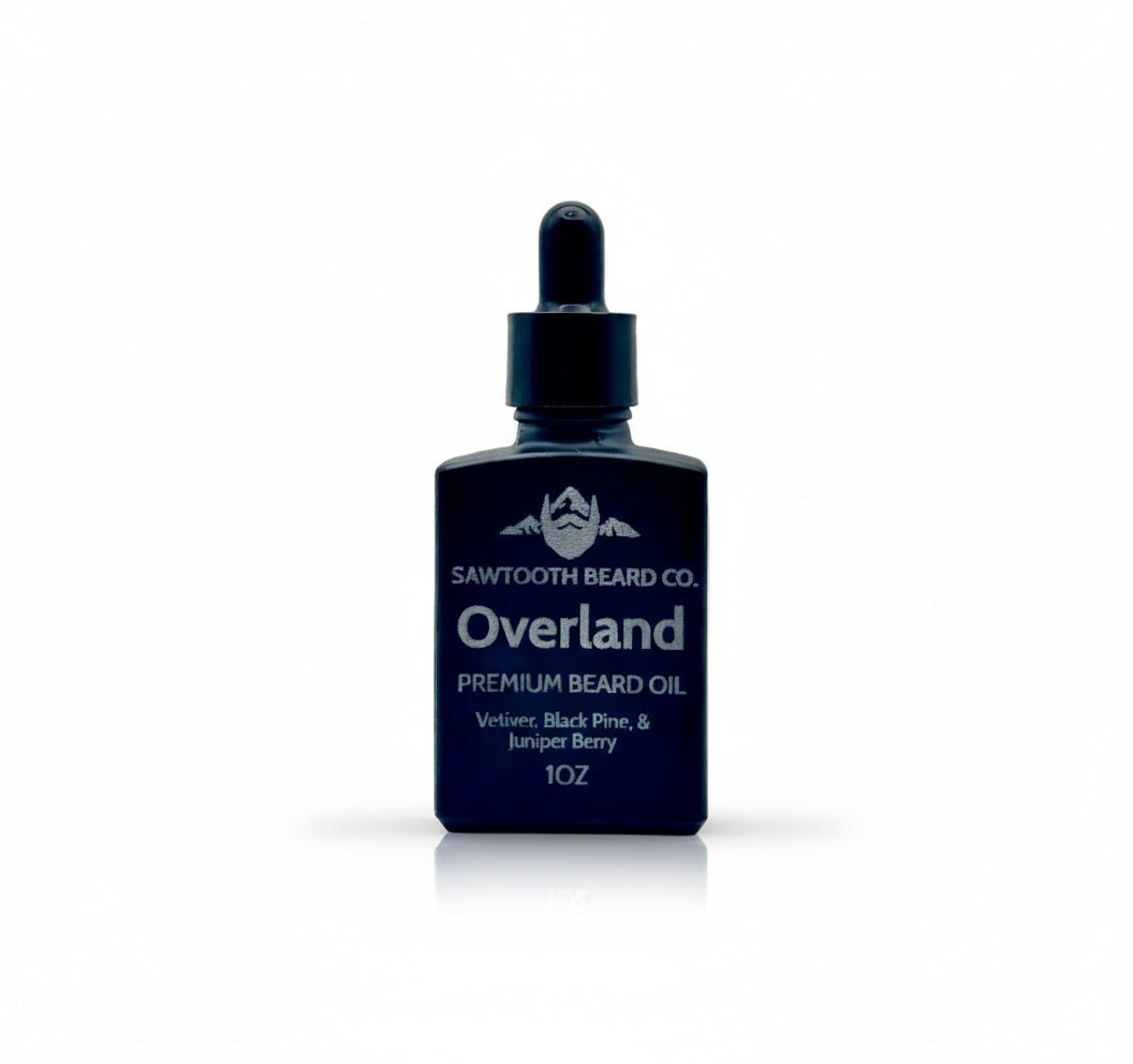 Sawtooth Beard Co. Overland premium beard oil bottle on a gray background