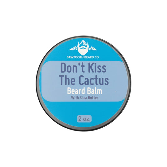 Beard balm container with blue label and black rim on a white background