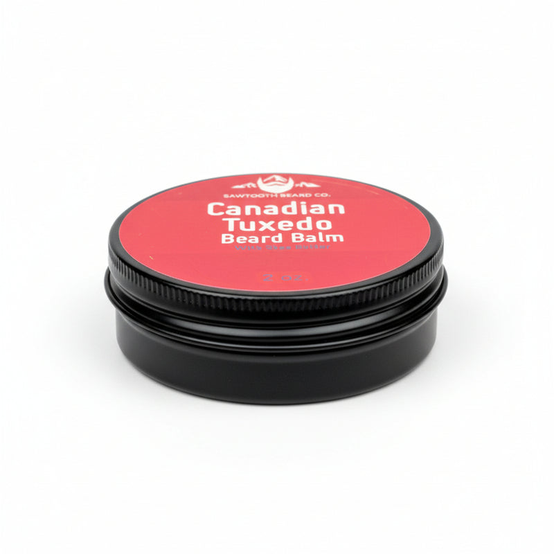 Load image into Gallery viewer, Canadian Tuxedo Beard Balm container with red lid and black body on a white background
