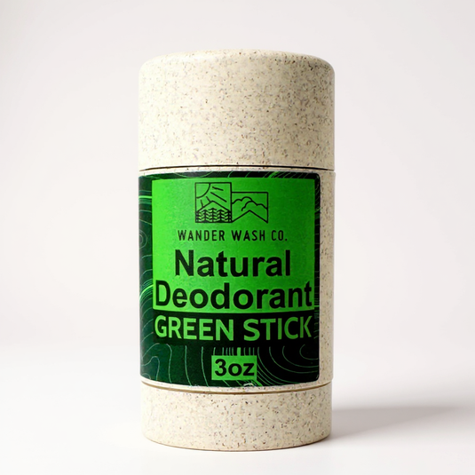 Wander Wash Co. Green Stick natural deodorant in a speckled wheat straw tube with a green label, 3 oz