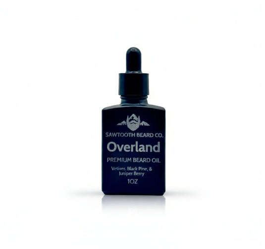 Sawtooth Beard Co. Overland premium beard oil bottle on a gray background