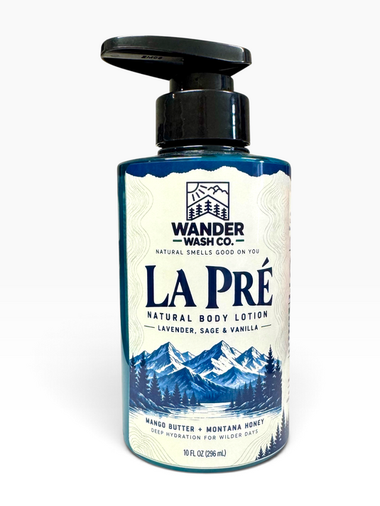 Photo of a deep blue pump bottle of La Pre Natural Lotion.