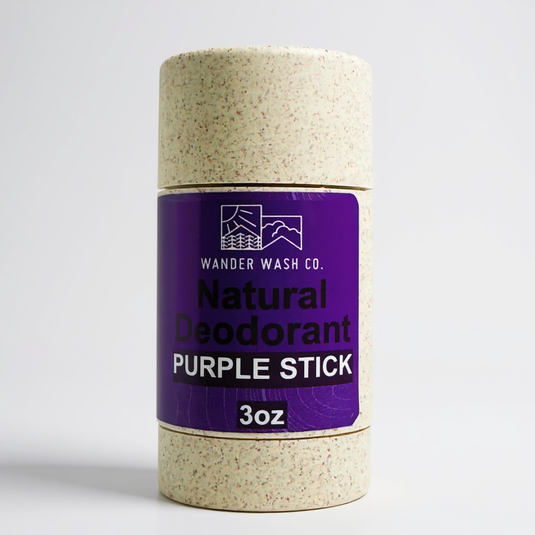 Wander Wash Co. Purple Stick natural deodorant with lavender, sage, and vanilla scent in a speckled wheat straw tube, 3 oz